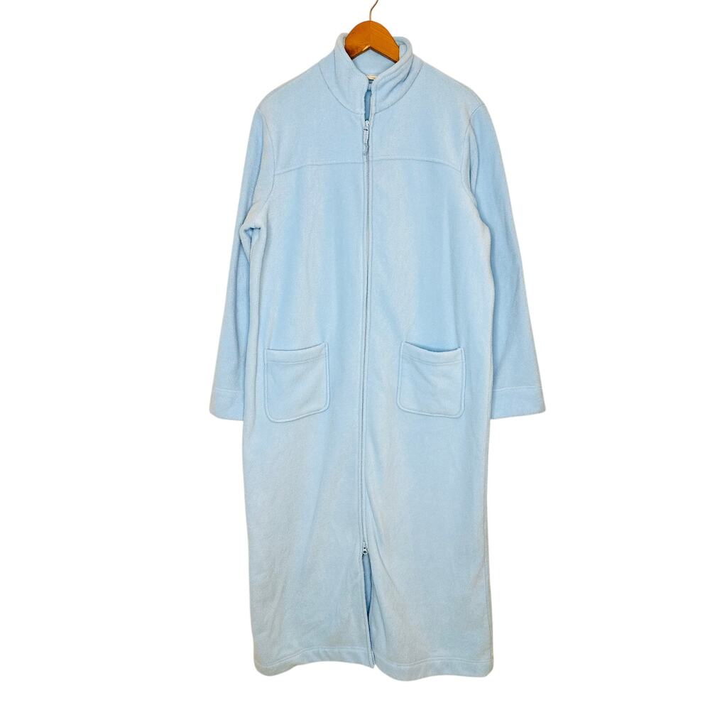 LL Bean Women's Fleece Robe Size Medium Full Zip Long Sleeve Powder Blue Cozy